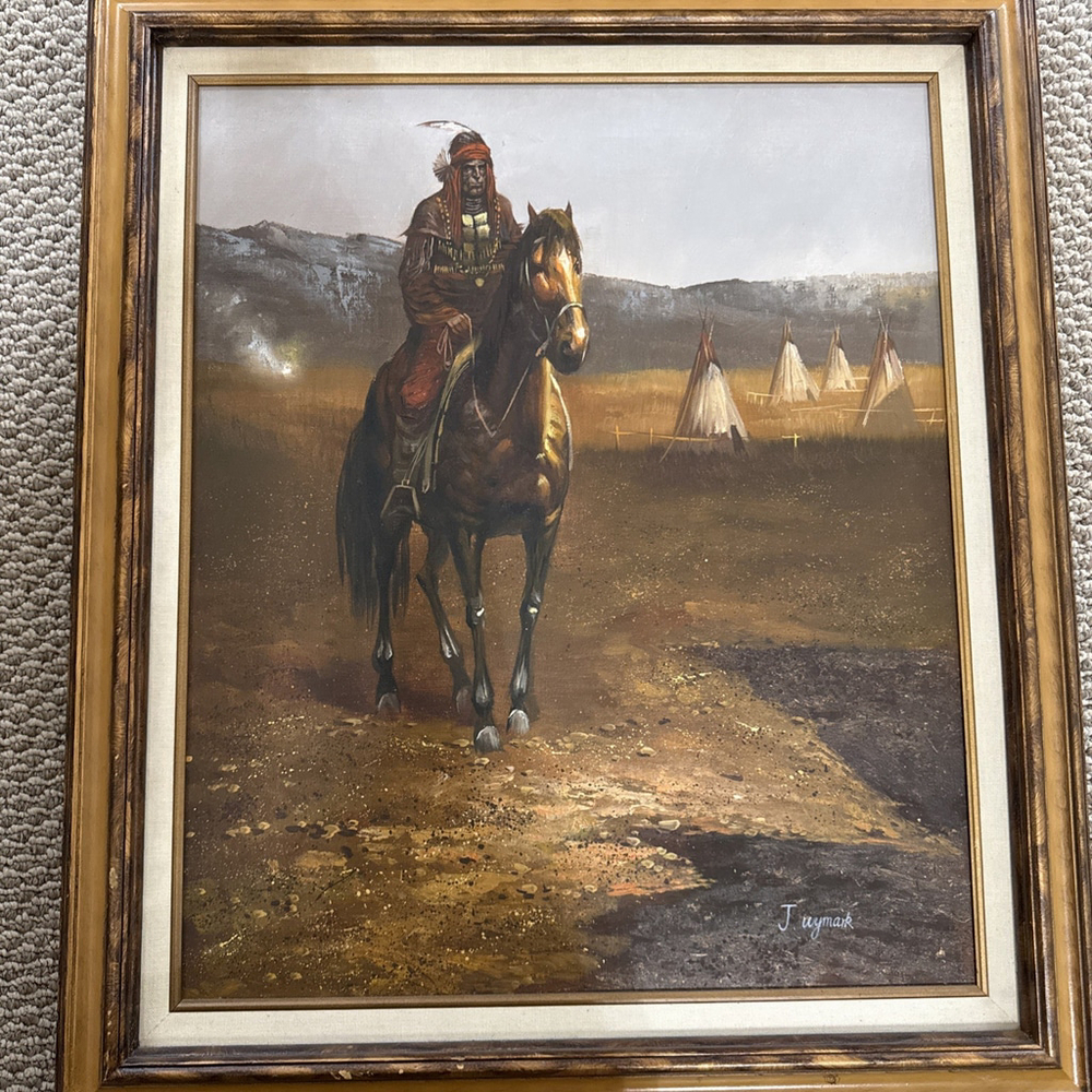J. Wymark Oil on Canvas Painting Of Indian On Horse Plains Of Indian Reservation